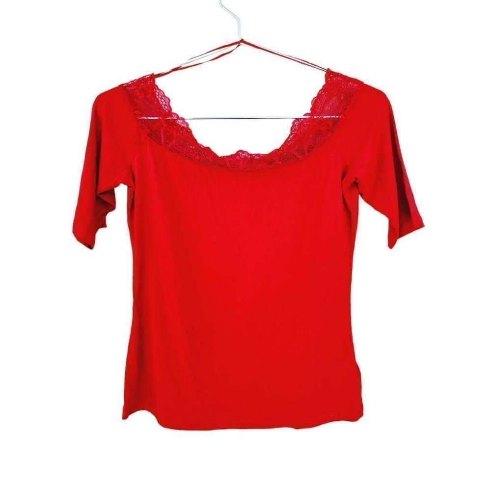 Michael Kors Womens Blouse Red Short Sleeve Scoop Neck Lace Cotton Blend S